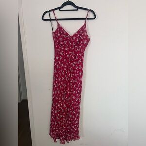 Women’s Red Floral Tea Length Slip Dress with Spaghetti Straps
